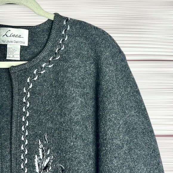 Boiled Wool Cardigan Jacket LINEA Louis Dell'Olio Gray Embroidered Open Front M - Picture 3 of 11